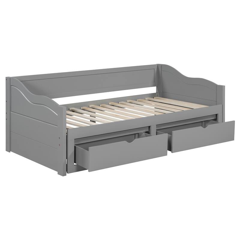 Roomfitters Wooden Twin Daybed with Trundle and Two Storage Drawers Extendable Solid Wood