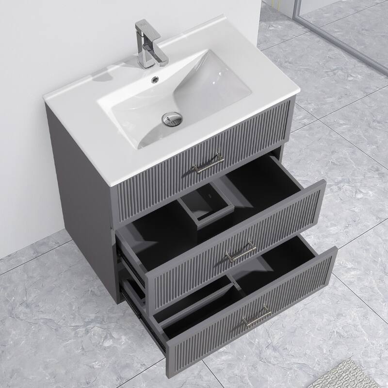 30" Freestanding Bathroom Vanity with Ceramic Sink and 2 Storage Drawers, Stylish Gray Floor Cabinet