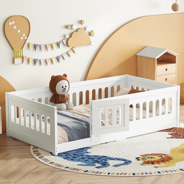 slide 2 of 12, Twin Montessori Floor Bed with Guardrails & Arched Door White