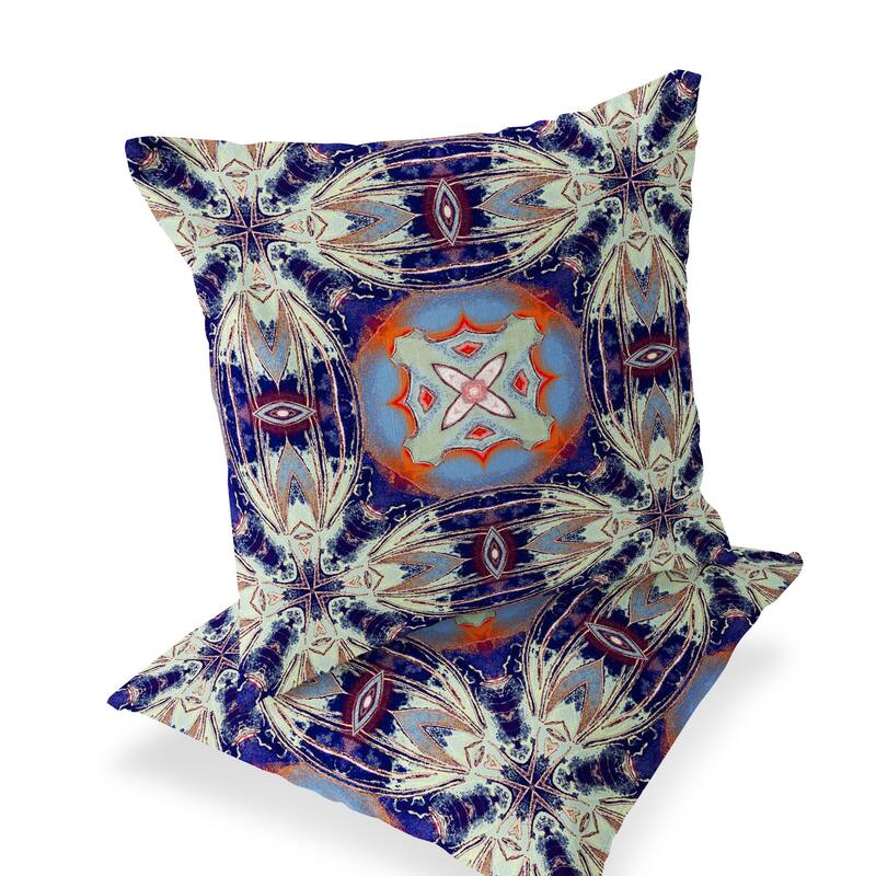 HomeRoots Set of Two 16" X 16" Blue and Orange Blown Seam Floral Indoor Outdoor Throw Pillow - 16.00' X '16.00' X '5.00