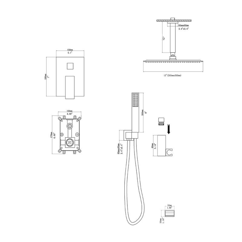 Topcraft 12-inch Ceiling Mount Square Shower System with Rough-in Valve - 12*12