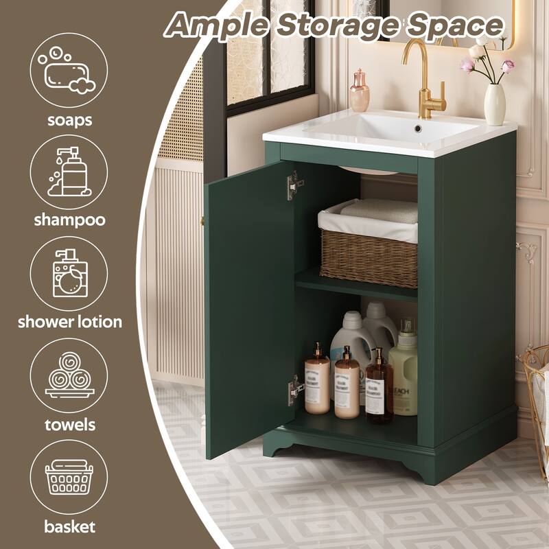 20" Bathroom Vanity with Ceramic Sink - Soft Closing Door, Adjustable Shelf, Freestanding Modern Single Vanity