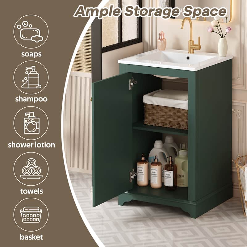 Roomfitters 20" Bathroom Vanity with Ceramic Sink, Freestanding Single Cabinet with Adjustable Shelf and Soft-Closing Door