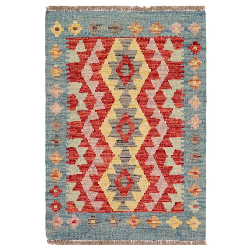 Retro Turkish Kilim Kelvin Red Blue Hand-Woven Wool Rug - 2'2'' x 2'5'' - 2'2'' x 2'5'' - Red, Blue, Gray, Gold
