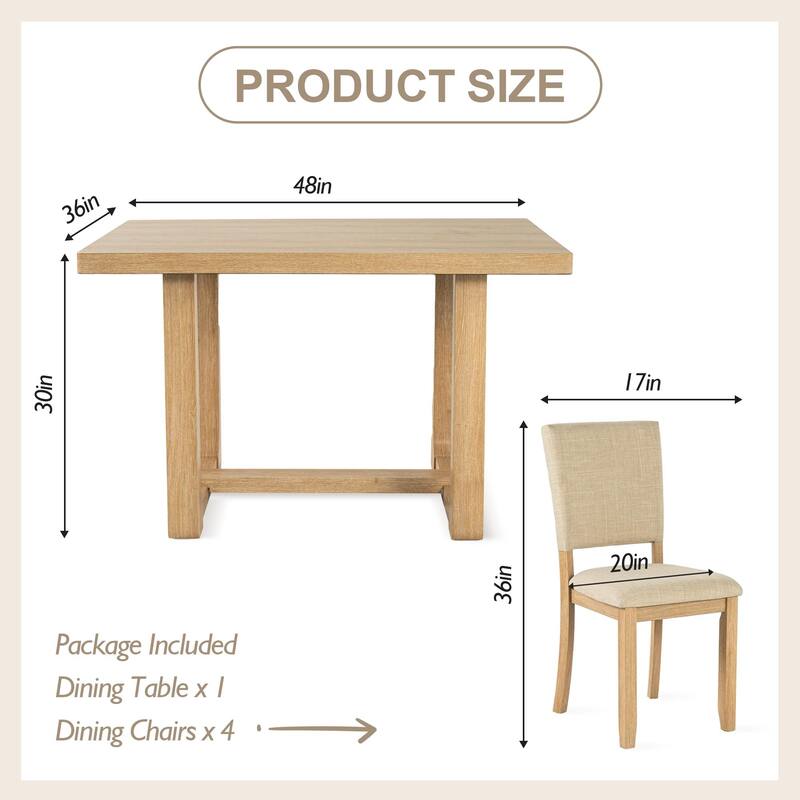 Rossetta 5-Piece Wood Transitional Farmhouse Style Dining Table Set with U-Shaped Trestle Base Table, 4 Upholstered Side Chairs