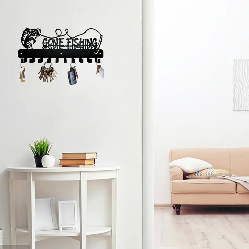 Black Metal Fish Shaped Key Rack with Wall Hook for Coastal Kitchens and Entryways - 11.81”L x 12.2”H