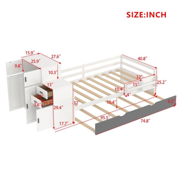 Multi-Functional Wood Platform Bed with Bookshelf, Movable Wardrobe,Built-in Trundle,Twin Size