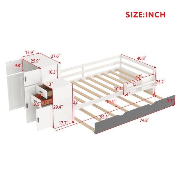dimension image slide 0 of 2, Twin Size Wood Platform Bed with Built-in Bookshelf, Movable Wardrobe, and Pull-Out Trundle