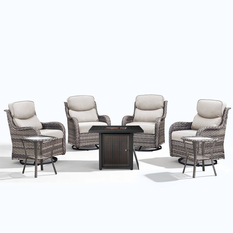 Meyreso 7-Piece Outdoor Patio Wicker Fire Pit 4 person Conversation Set with 5-Inch Thick Cushions