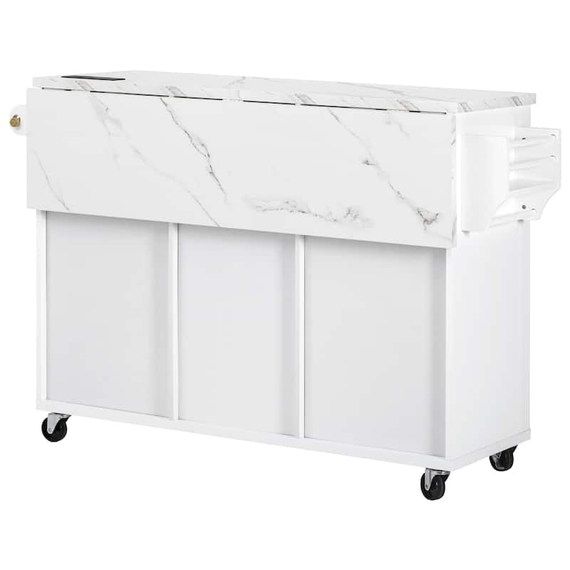 55.5" Fluted Kitchen Island with Drop Leaf and Storage Features Power Outlet and Adjustable Shelves