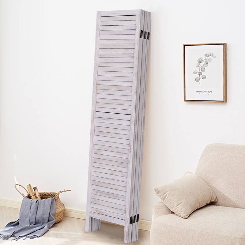Six Panel Wooden Room Divider Screen with Louvered Slats - 96.0" x 0.8" x 67.0"(L x W x H)