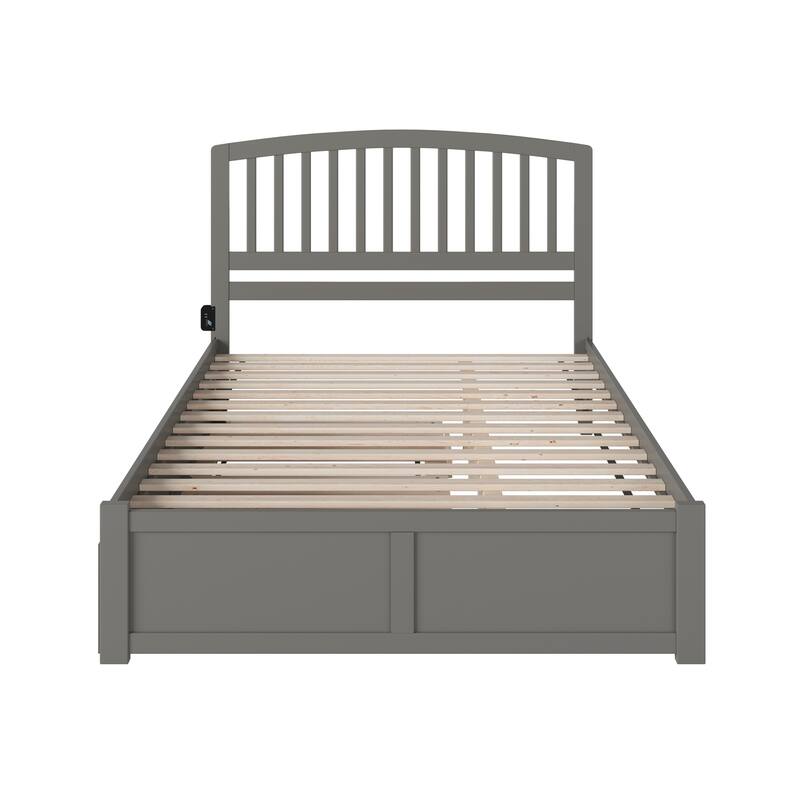 Platform Bed with Footboard & Trundle - Twin XL Grey Wood Slat Design - USB Charging Ports