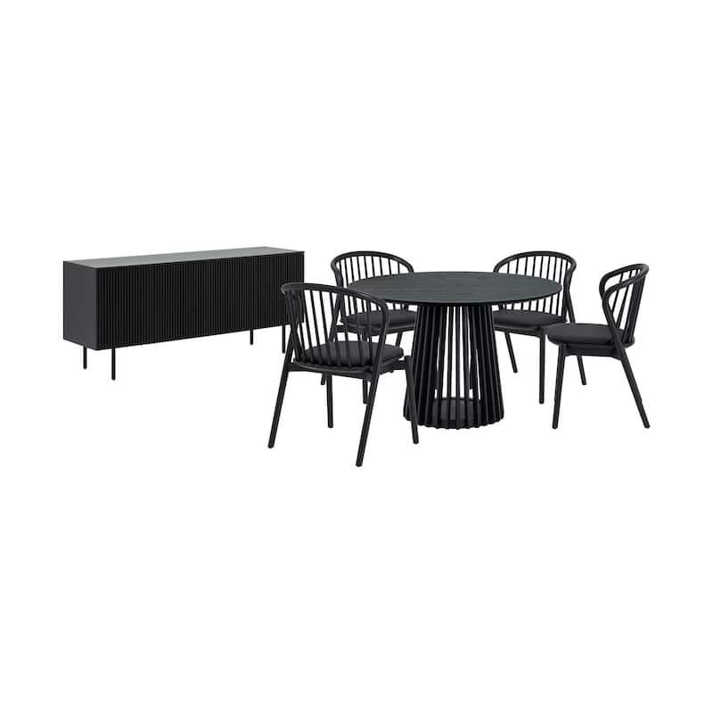 HomeRoots Six Piece Black Round Dining Set with Four Chairs and Sideboard