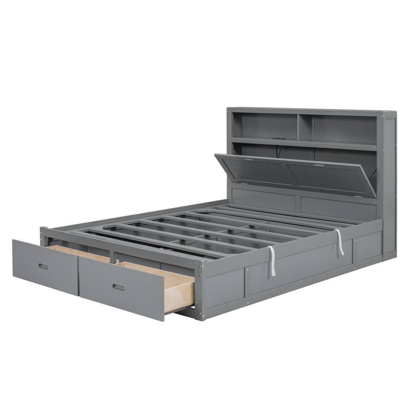 Wood Full Size Hydraulic Platform Bed with Storage LED Headboard, Charging Station and 2 Drawers