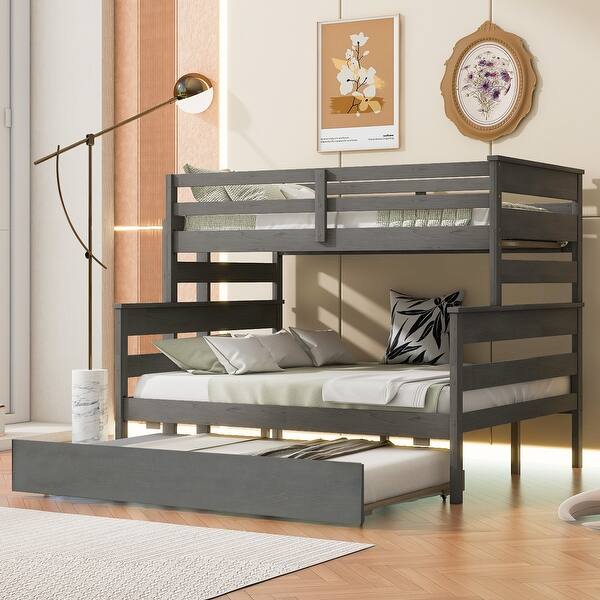 slide 2 of 14, Twin over Full Bunk Kids Bed Frame with Twin Trundle and Sturdy Design, Grey