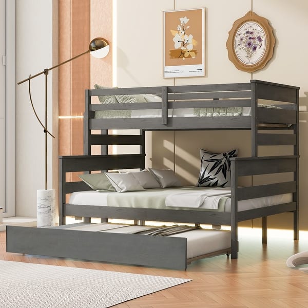 slide 2 of 12, Wood Twin over Full Bunk Bed wFull-length Guardrail & Trundle for Kids Bedroom, Wood Bed Frame Convertible Twin Size Trundle Bed Gray