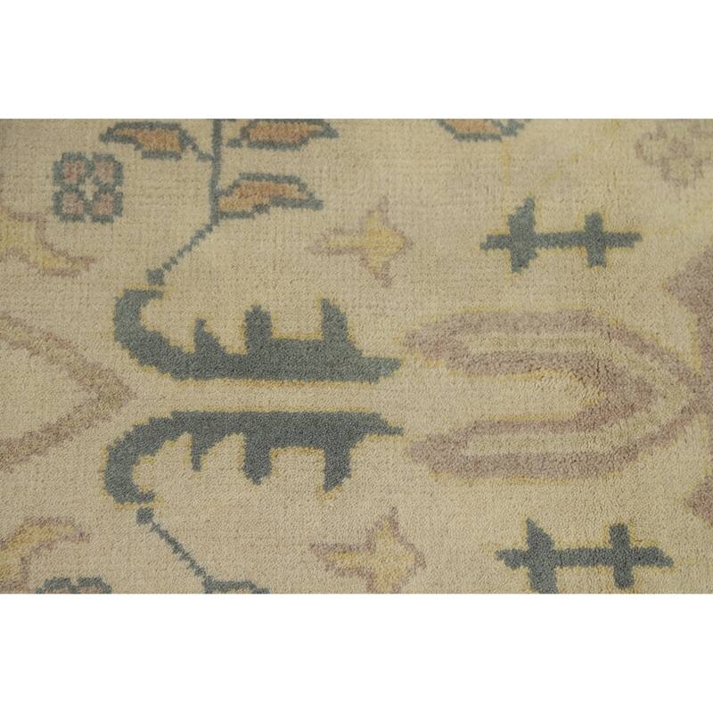 Earth Tone Oushak Style Area Rug Handmade Beige Floral Wool Carpet - 7'9" x 9'10"
