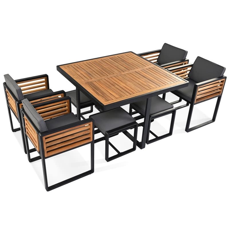 9-Piece/18-Piece Acacia Wood Patio Dining Set, Outdoor Dining Table Set with Cushioned Chairs, Ottomans and 1 Square Table