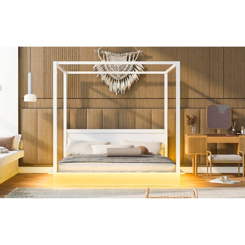 Roomfitters King Size Wooden Canopy Bed with LED Lighting, Modern Platform Bed Frame with Headboard, No Box Spring, White