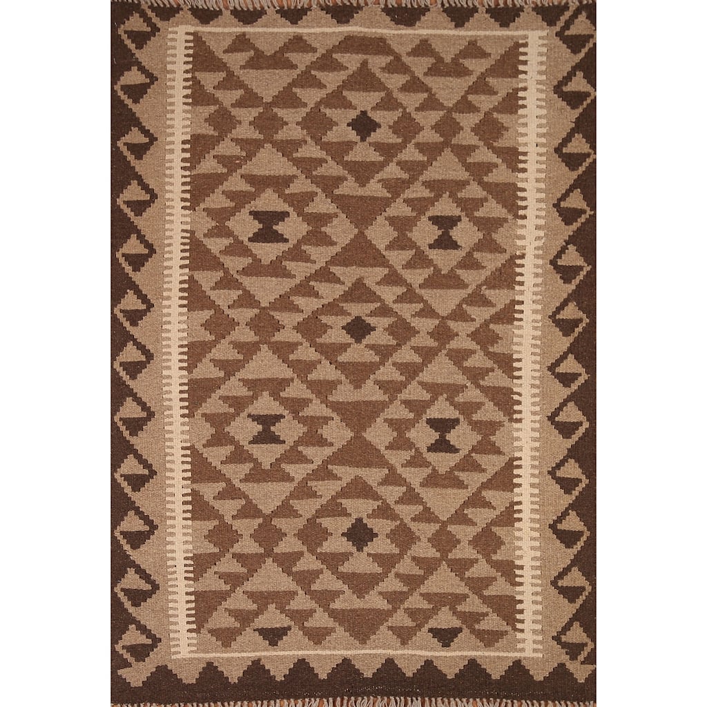 Brown Kilim Oriental Area Rug Hand-woven Wool Foyer Carpet - 3'5" x 5'0"