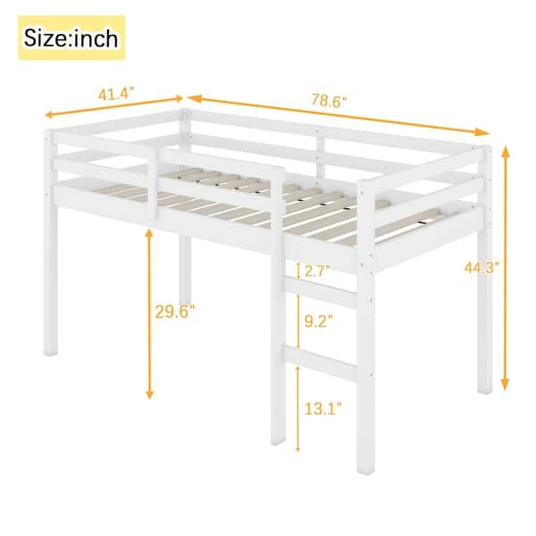 dimension image slide 2 of 3, Minimalistic Twin Size Wooden Low Loft Bed Kids Bed with Ladder and Safety Guardrail,Storage Space