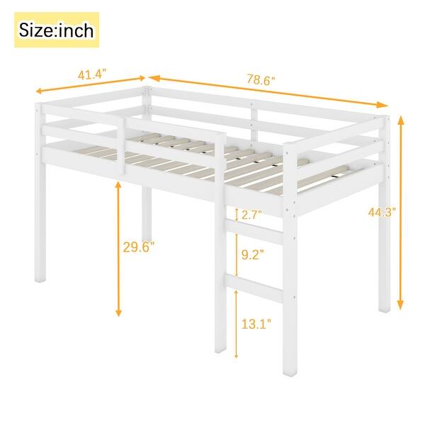 White Twin Size Rubber Wooden Loft Bed with Ladder, Bed Platform of Strengthened Slats