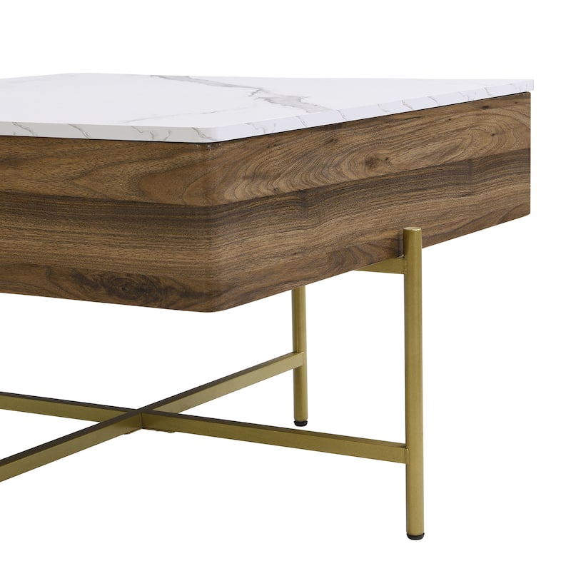 Mid-Century Lift Top Coffee Table Set, Large Square Storage Coffee Table with 4 Ottomans, Family Gathering Wooden Center Table