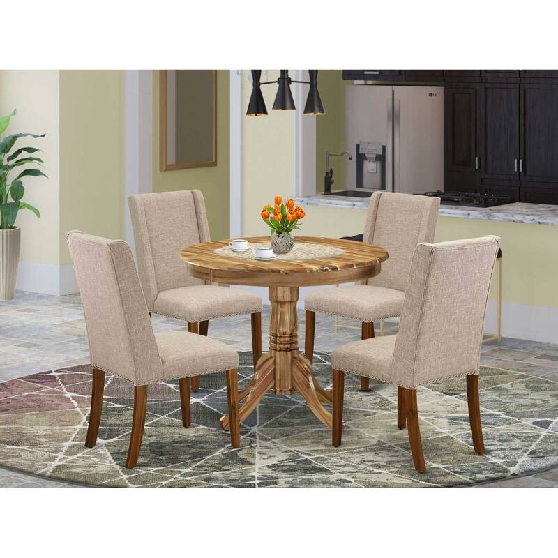 HomeStock 5-Piece Round Natural Oak Finish Solid Wood Top Dining Table with 4 Parson Chair with Lattice Back