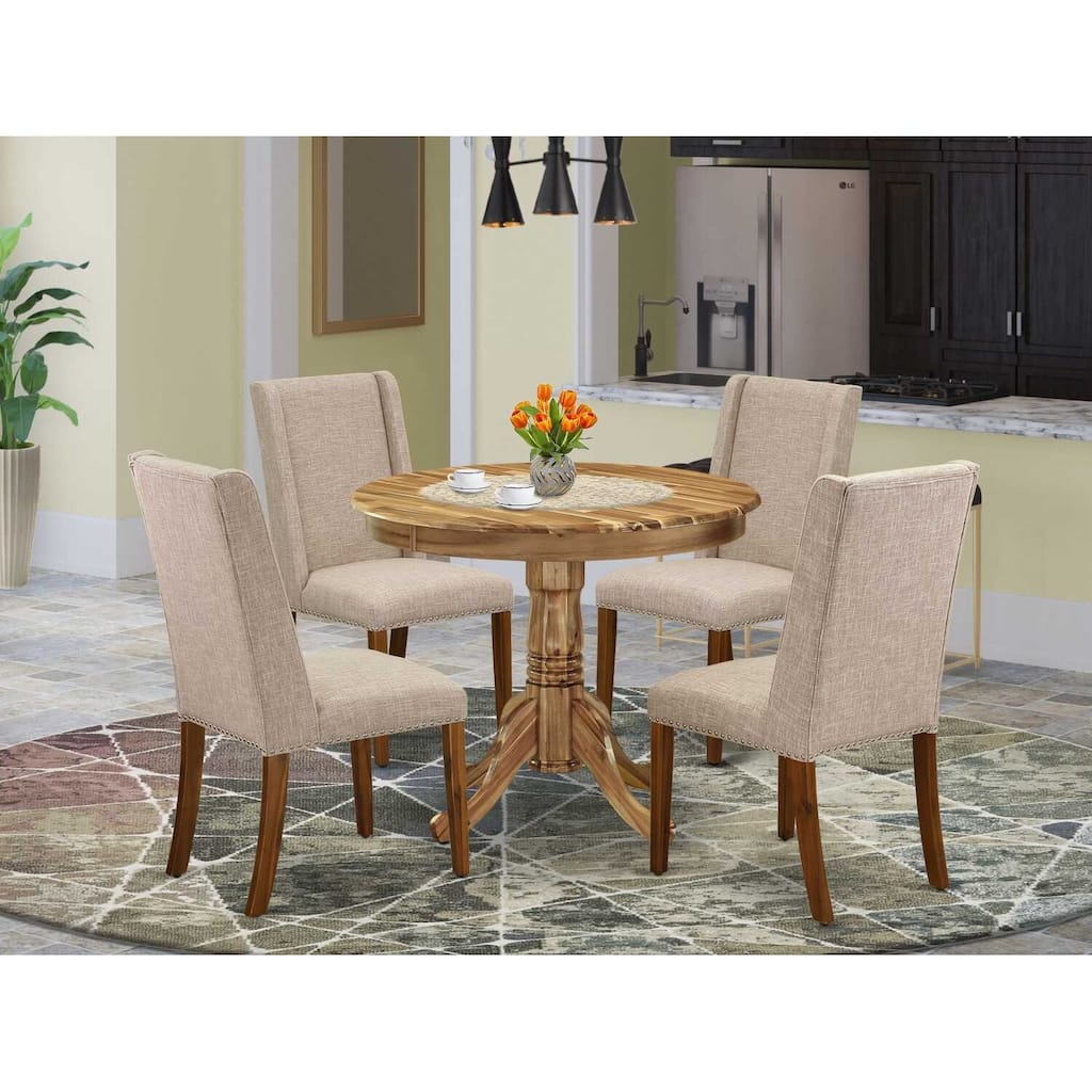 HomeStock 5-Piece Round Natural Oak Finish Solid Wood Top Dining Table with 4 Parson Chair with Lattice Back