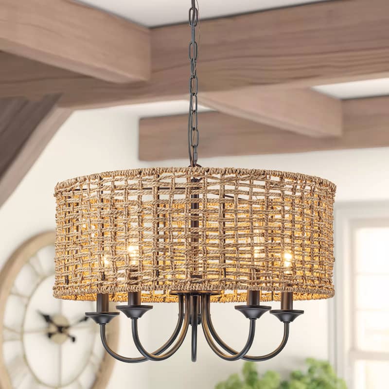 5-Light Modern Boho Hand Woven Drum Chandelier with Farmhouse Natural Rattan Shade - 19.6 in. W x 8.2 in. H