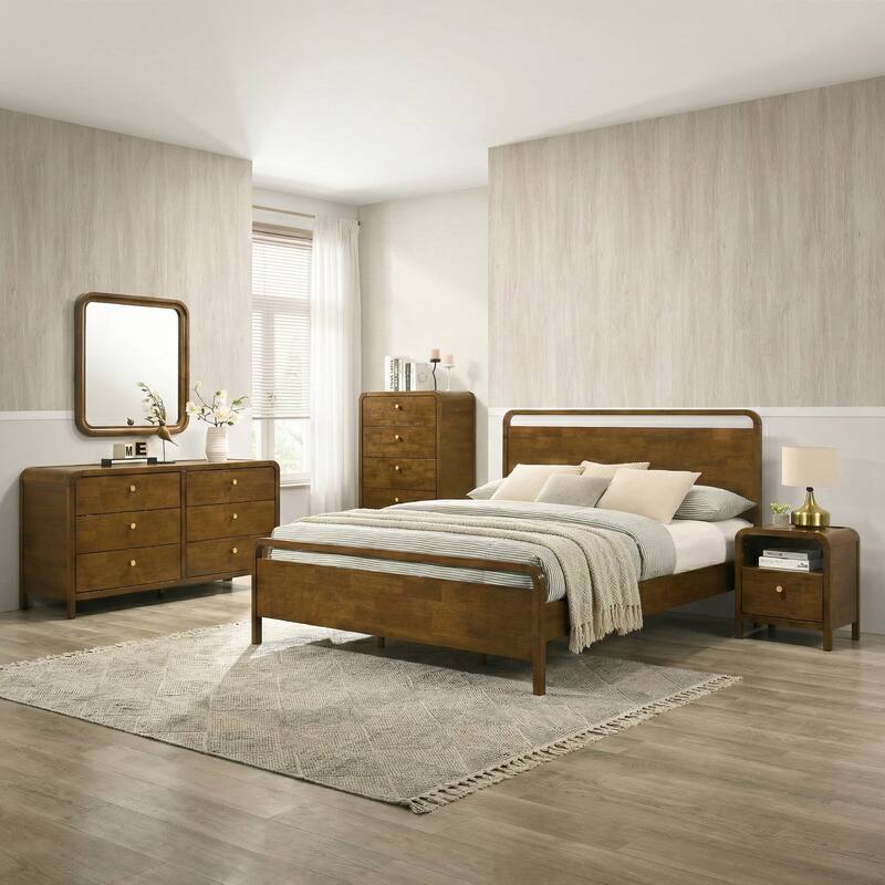 Roundhill Furniture Eldren Wood Bedroom Set, Platform Bed with Dresser, Mirror, Nightstand, Chest in Walnut Finish - Queen