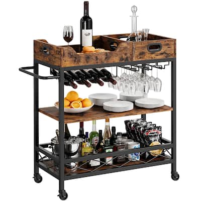Bar Carts for The Home with 2 Portable Trays, 3 Tier Bar Cart with Wheels, Mobile Kitchen Shelf with Wine Rack and Glass Holder