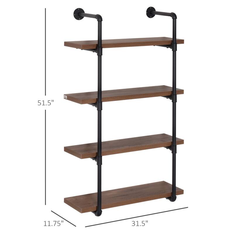 HOMCOM Industrial Pipe Style Shelf Multi-Tier Wall-Mounted Utility Bookcase Floating Storage Rack with Metal Frame, Rustic Brown