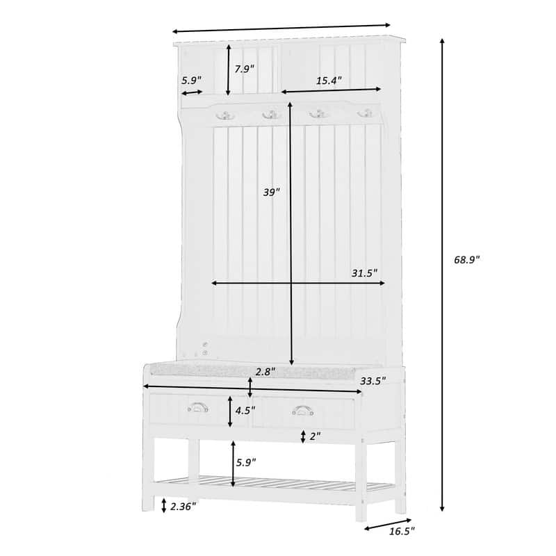 3-in-1 Design Hall Tree with 4 Hooks,Hinged Lid,Coat Hanger and Storage Bench