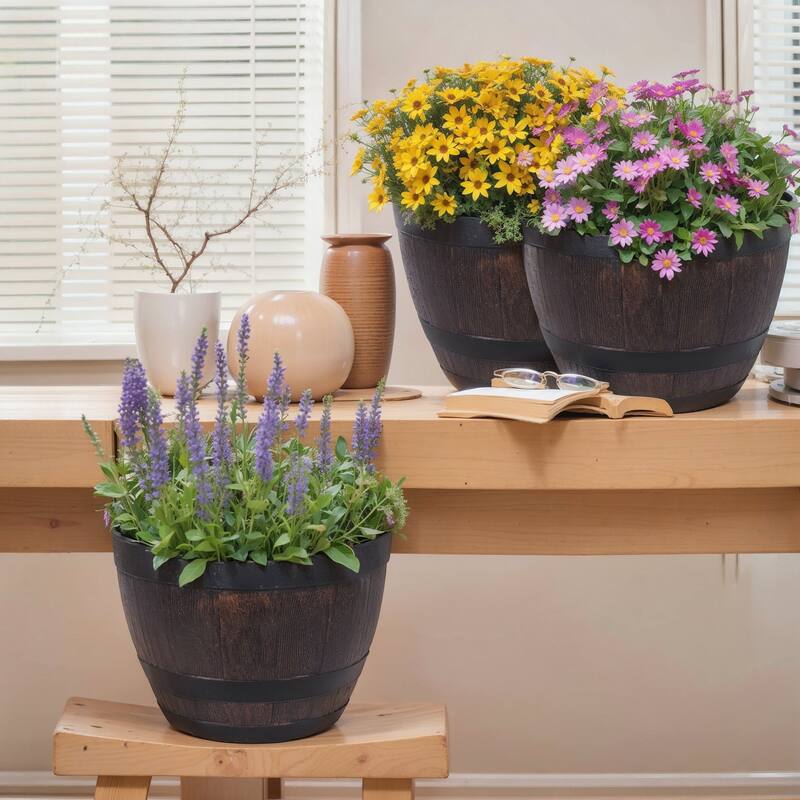 Javlergo 4 Pack 11.3" Plastic Planter with Drainage Holes Black Saucers for Outdoor Gardens and Indoor Decorations