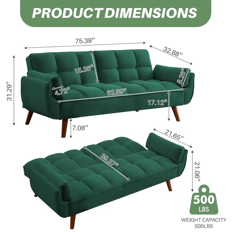 75.39" Futon Sofa Bed, Convertible Folding Futon Couch Recliner Lounge For Living Room With 2 Pillow/Armrest