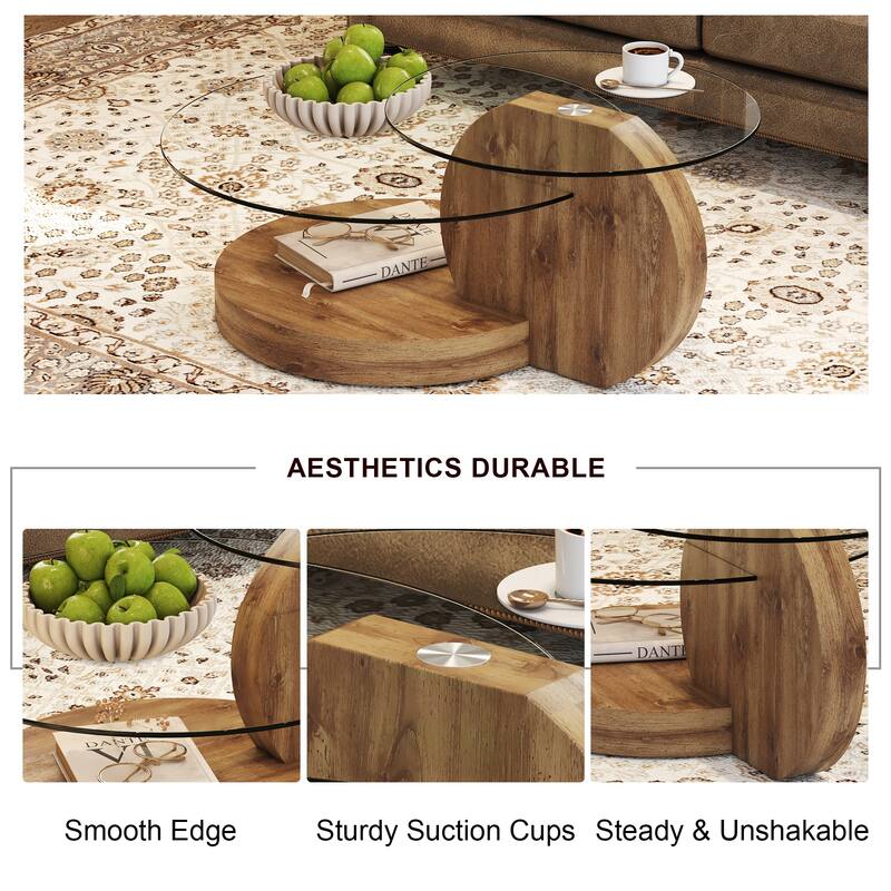 Modern and practical double-layer round table. Glass table top, wood MDF table legs. Suitable for living room and bedroom.