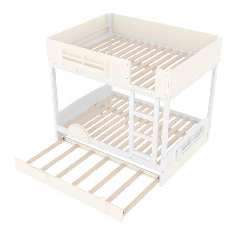 Queen/Full Bunk Bed with Trundle, Built-in Bookshelf & Safety Guardrail, Automobile Design