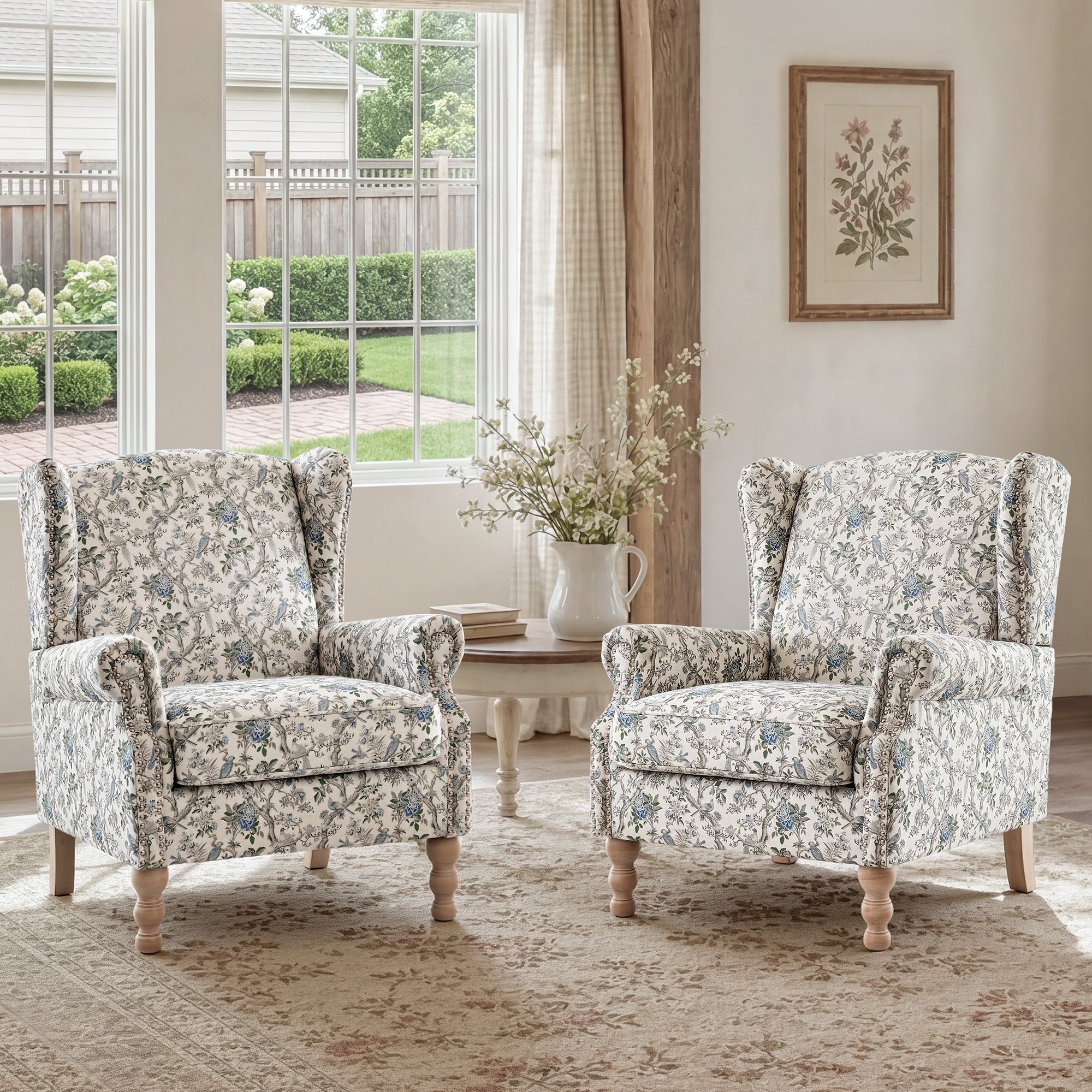 Linen Wingback Accent Chairs Set of 2, English Country Armchairs with Rolled Arms and Nailhead Trim