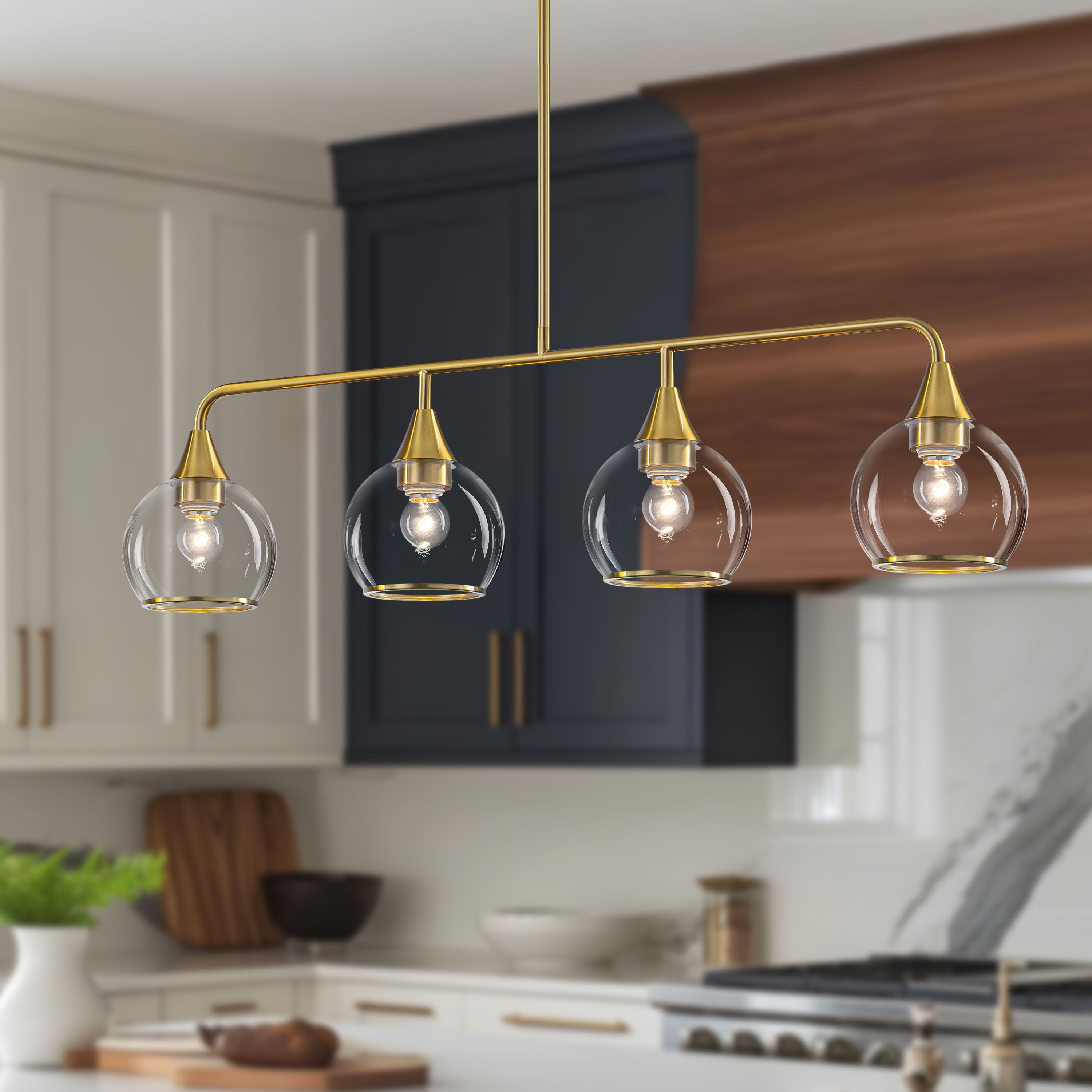 Starsky 4-Light Linear Clear Glass Globe Pendant for Kitchen Island, Modern Adjustable Chandelier