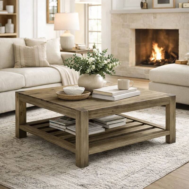Cyon 42 Inch Square Coffee Table, Washed Gray and Brown Wood, Open Shelf