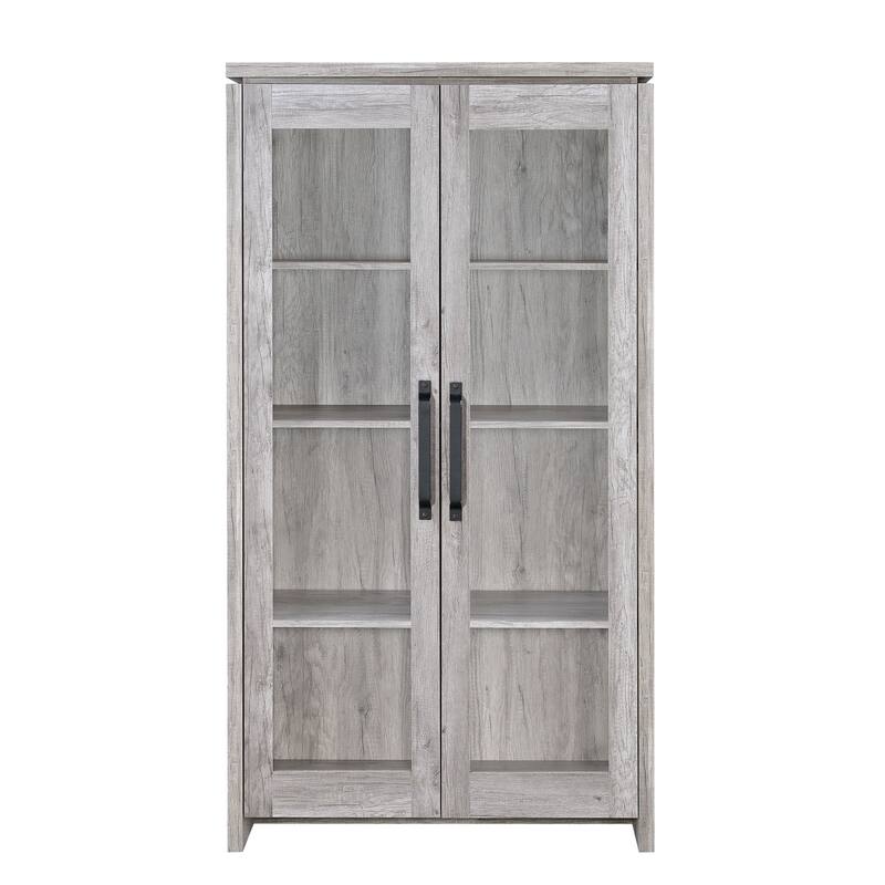 2 Door Curio Cabinet with Glass Panels, Adjustable Shelves, Gray