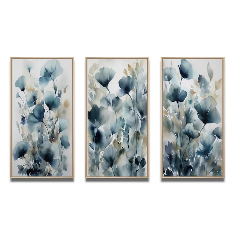 Designart "Blue Leaf Foliage And Flowers III" Floral Leaves Framed Wall Art Set Of 3 For Home Decor