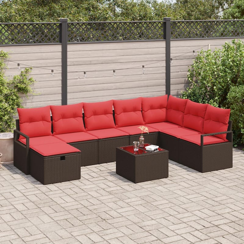 vidaXL 8/9 Garden Sofa Set with Cushions Black/Brown/Grey Poly Rattan - 113 x 69.7 x 27.2 - Brown with table