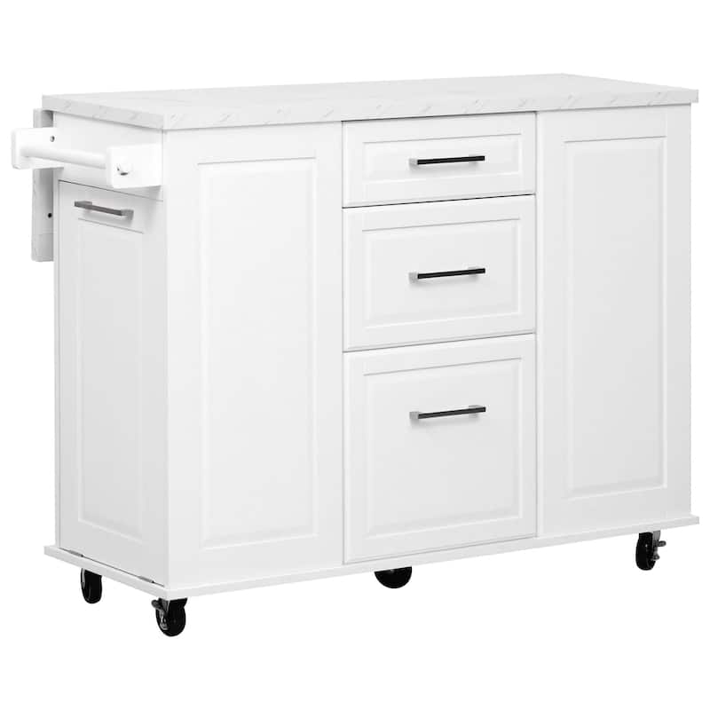 50.7" Rolling Kitchen Island - Drop Leaf, 2 Drawers, Tilt Trash Cabinet & Organizer on 5 Wheels