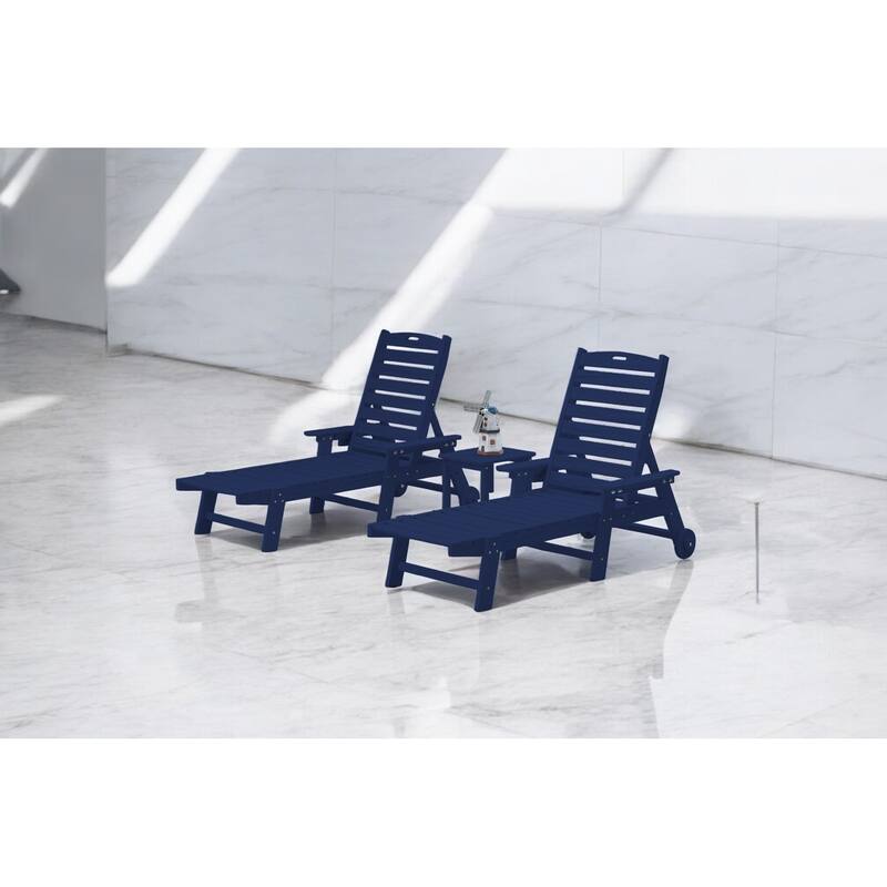 3-Piece Chaise Lounge Set with Side Table – Oversized Outdoor Lounge Chair with 5 Adjustable Positions, Wheels - Navy Blue