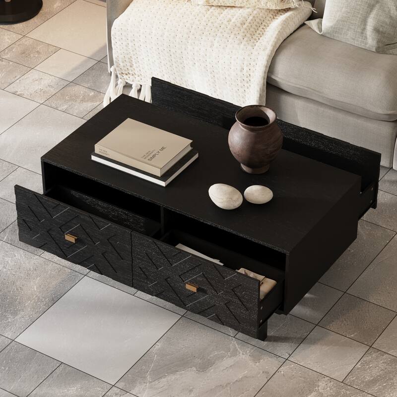 Black Embossed Storage Coffee Table w/Gold Handles Modern Living Room Centerpiece Sofa Table