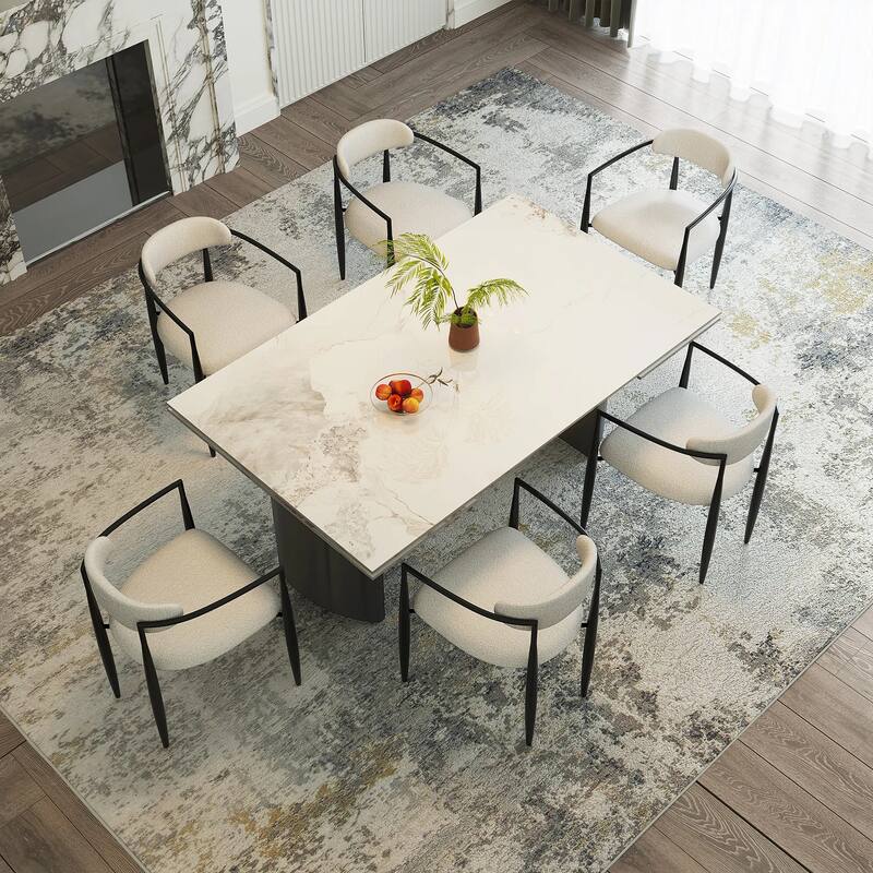 9 - Piece 94.48'' Modern Minimalist Extendable Sintered Stone Top Double Pedestal Dining Set With 8 Fabric Chairs