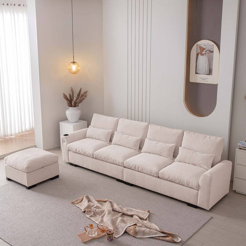 114.5"Modern L Shaped Chenille Sofa with Ottoman and USB Ports