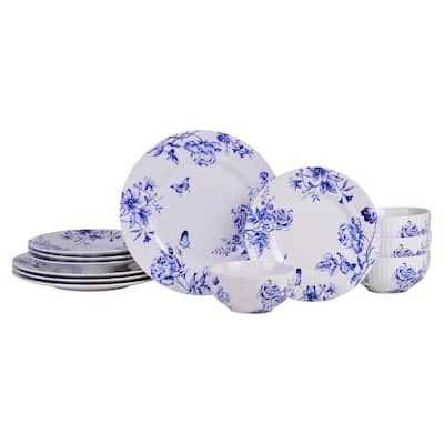 Cassian Embossed Toile Blue Porcelain 12 Pc Dinnerware Set